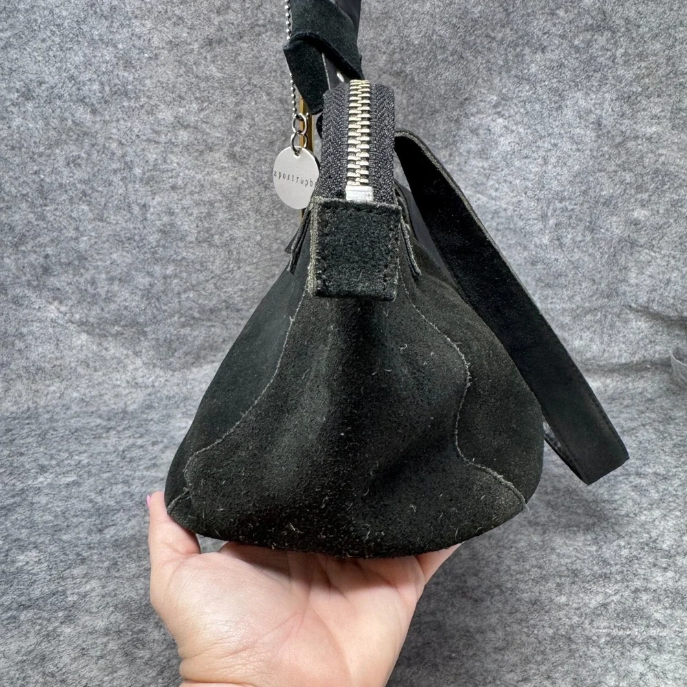 Vtg Y2K Apostrophe Black Suede Leather Shoulder Bag Boho Bohemian Minimalist